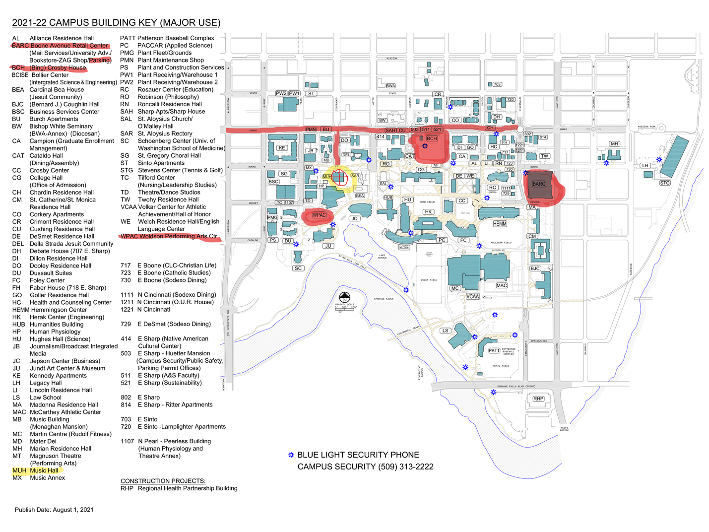 Red areas show suggested parking; Yellow = Music Hall